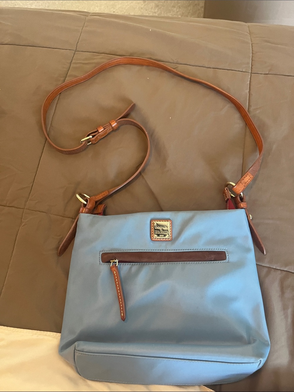 Dooney & Bourke Light Blue Nylon Crossbody with Brown Leather Strap